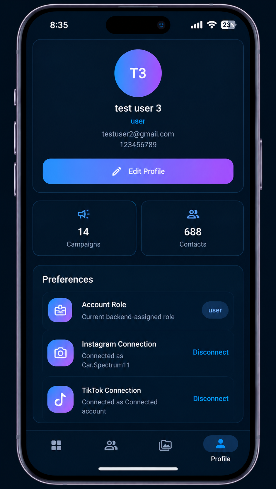 Profile + connected TikTok/Instagram