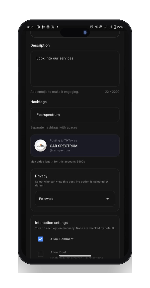 New Post with TikTok selected (privacy, consent, caption)