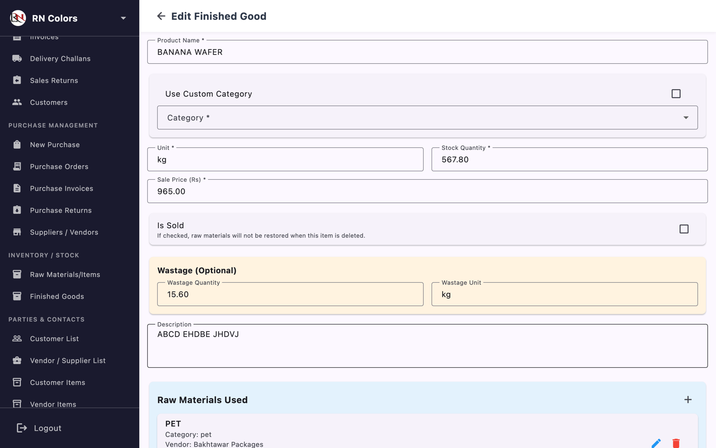 Finished Good — BOM & Settings
