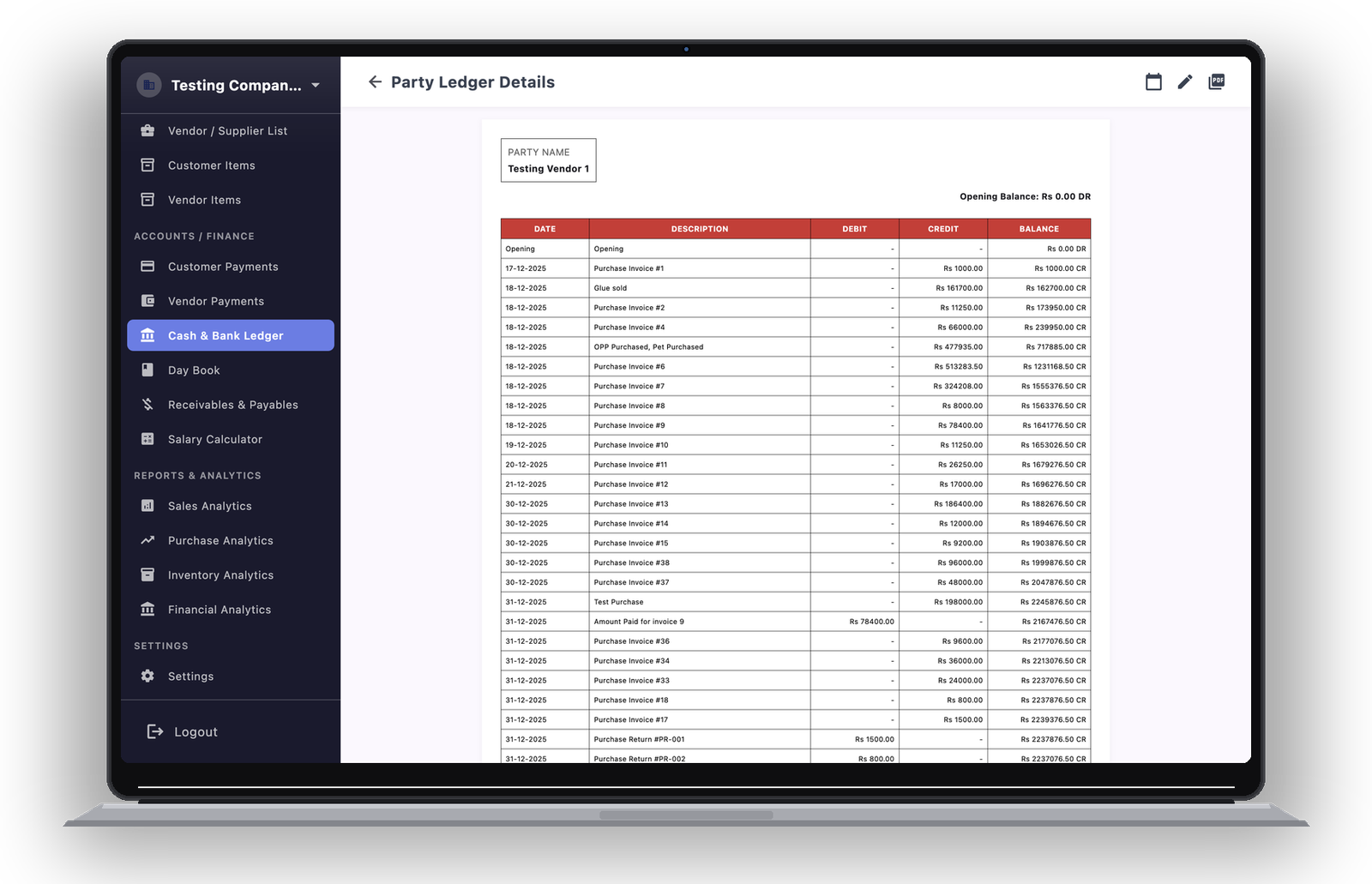 Party Ledger — Detail View