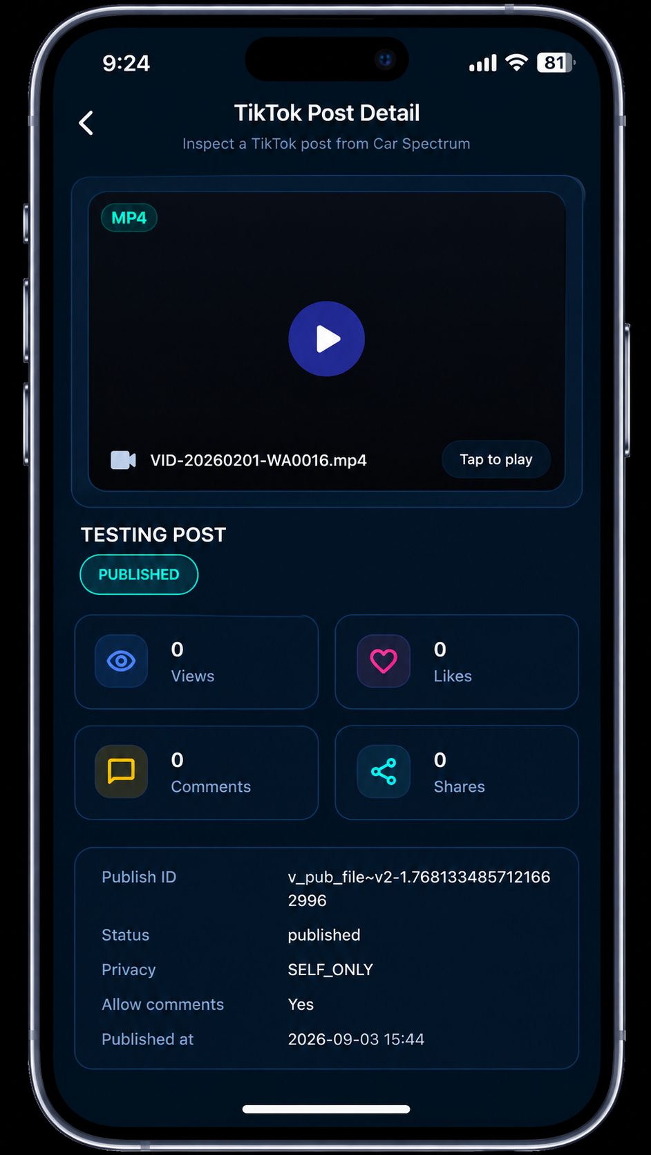 Post detail with status (processing/published/failed)