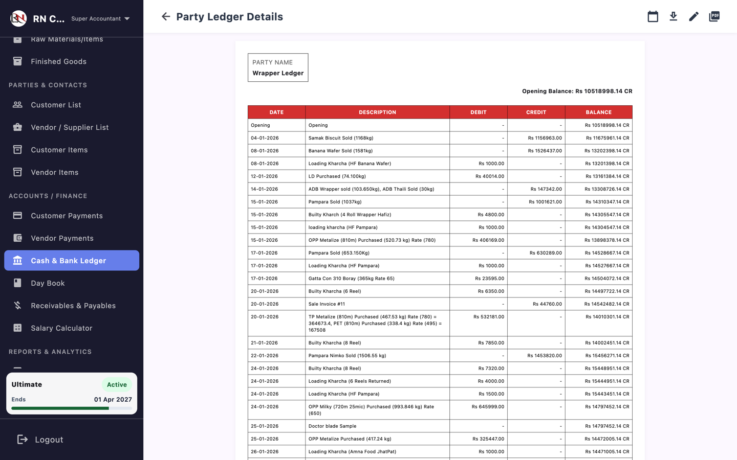 Party Ledger — Detail View