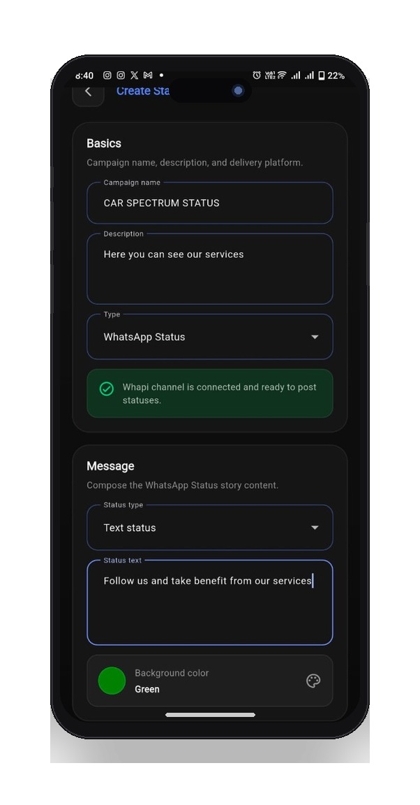 WhatsApp Status Automation screen
