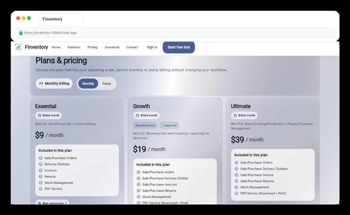 Pricing page (plans + limits section)